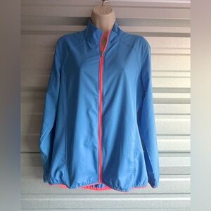 Women’s ADIDAS Blue & Pink Lightweight Golf Windbreaker Zip-Up Jacket Size Large